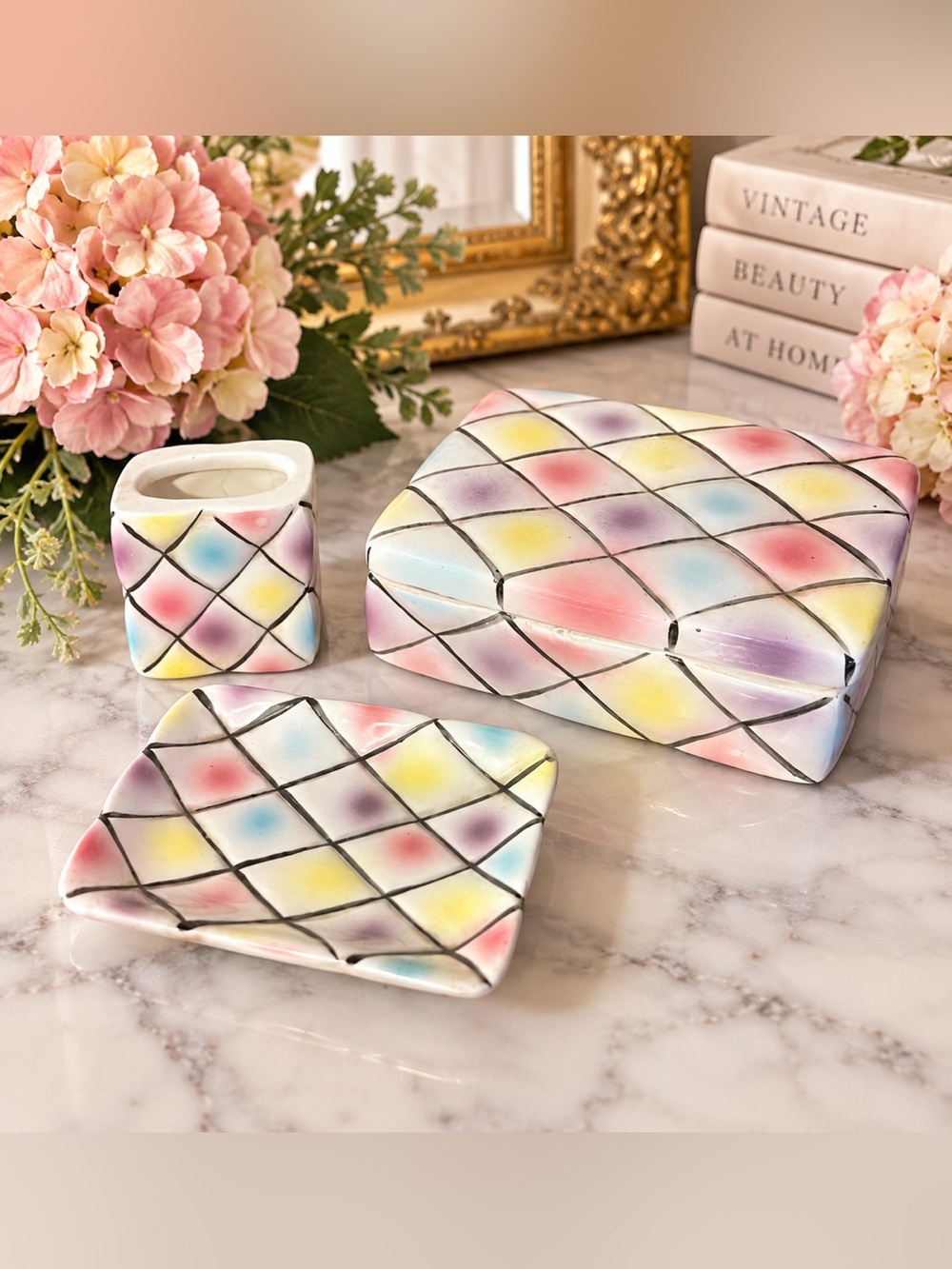 Vintage West Pac Japan Ceramic Vanity Makeup Set Pastel Harlequin 3 Piece
